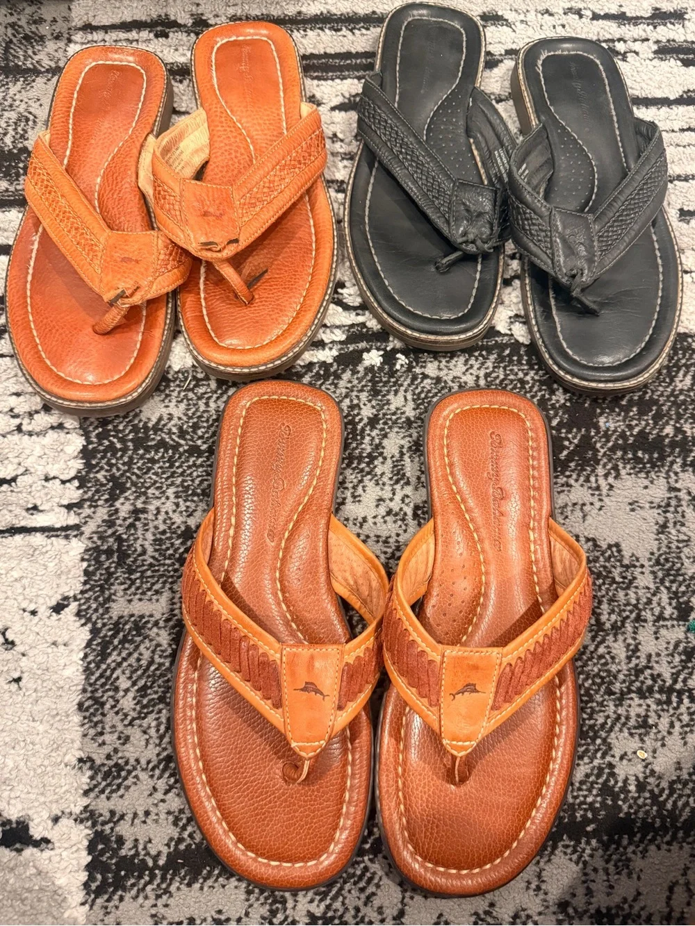 3 BUNDLE Brown Leather, Black Thong Sandals with‎ Dolphin Logo (check photos)